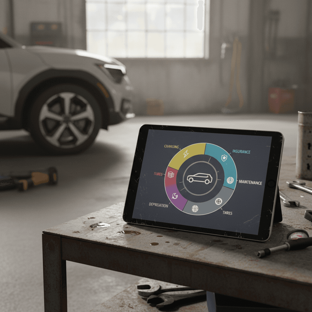 Infographic breaking down annual Kia EV9 ownership costs into charging, insurance, maintenance, tires, taxes and depreciation