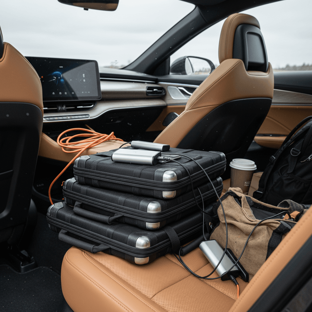 Electric sedan interior set up for a salesperson with laptop, paperwork, and sample cases organized around the cabin