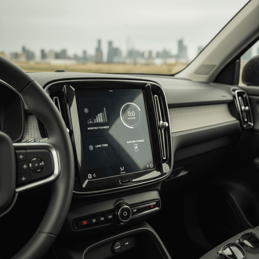 Interior of a Volvo EX30 showing the central touchscreen with energy and trip cost information