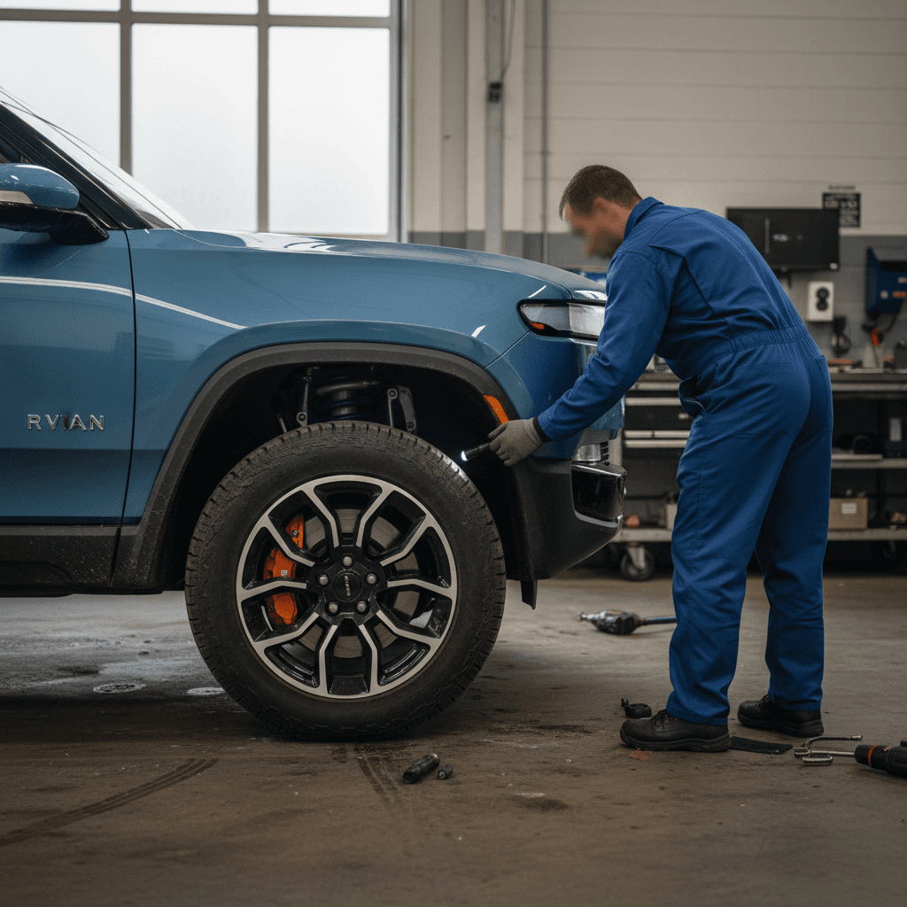 Technician inspecting the suspension and wheel of a Rivian R1T on a lift