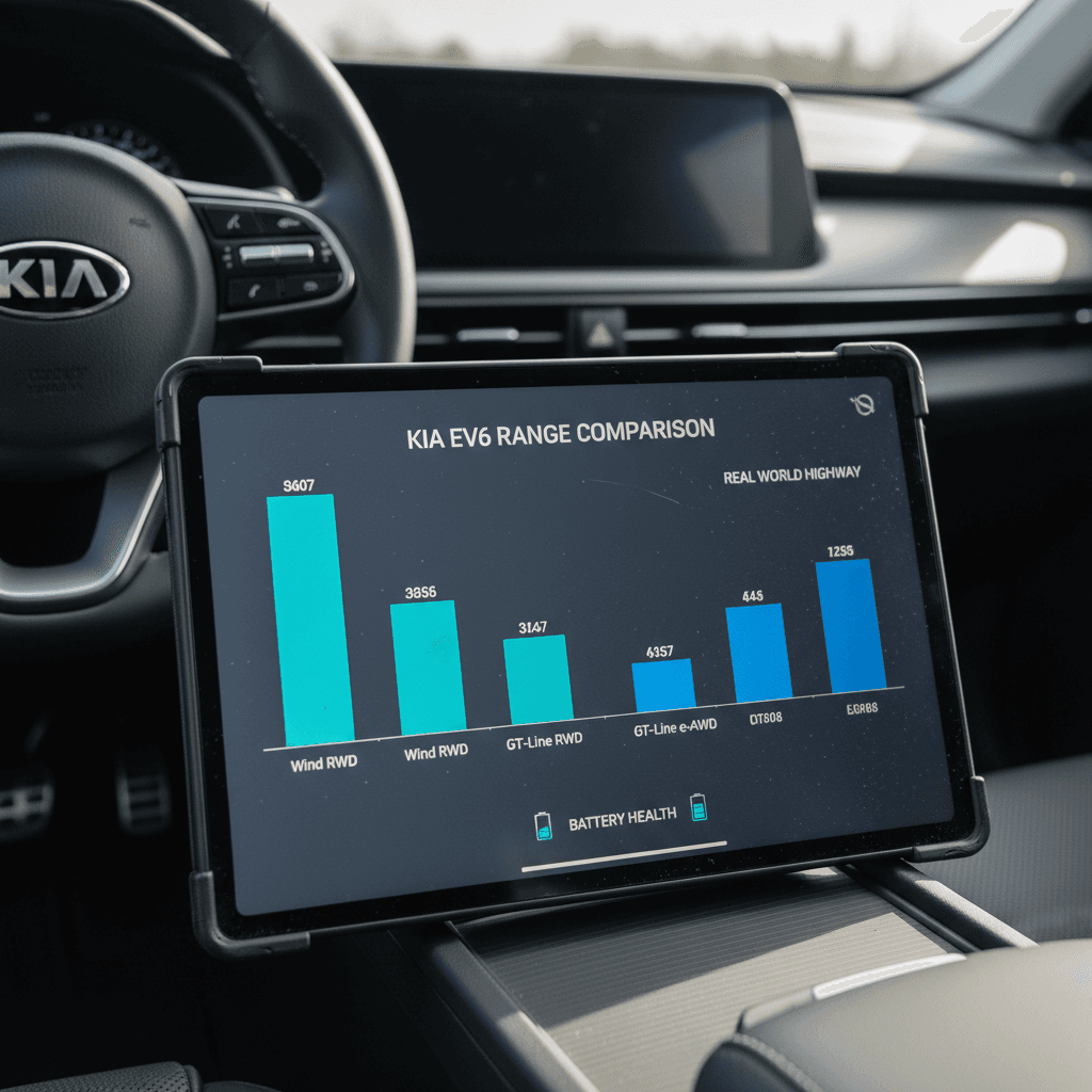 Chart comparing Kia EV6 EPA range ratings to real-world highway range across trims and drivetrains