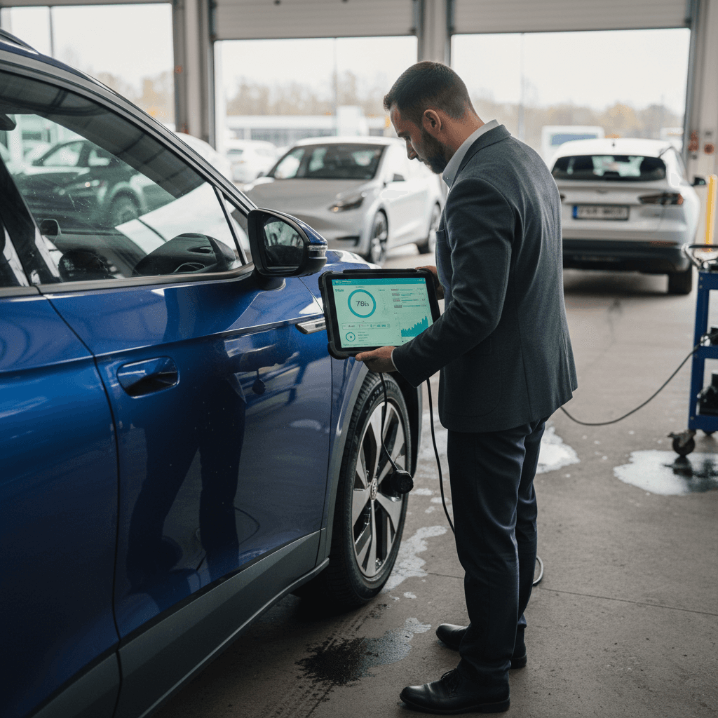 Salesperson using a tablet to check battery and trade in condition on a Volkswagen ID.4