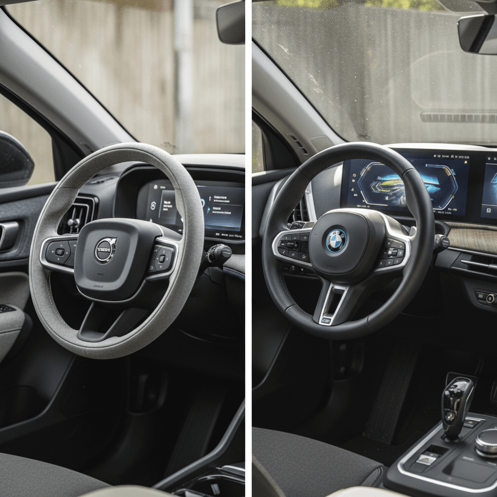 Side-by-side interior view comparing the minimalist Volvo EX30 cockpit with the larger, more luxurious BMW iX interior