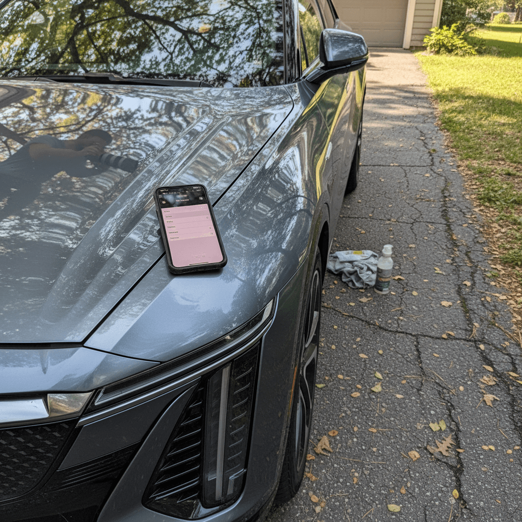 Owner photographing a clean Cadillac Lyriq in a driveway to prepare an online used EV listing