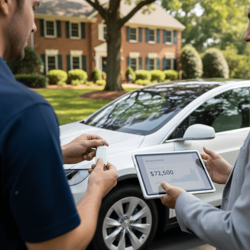 Tesla Model X owner handing keys to a buyer in front of a Virginia home, both reviewing an online offer on a tablet