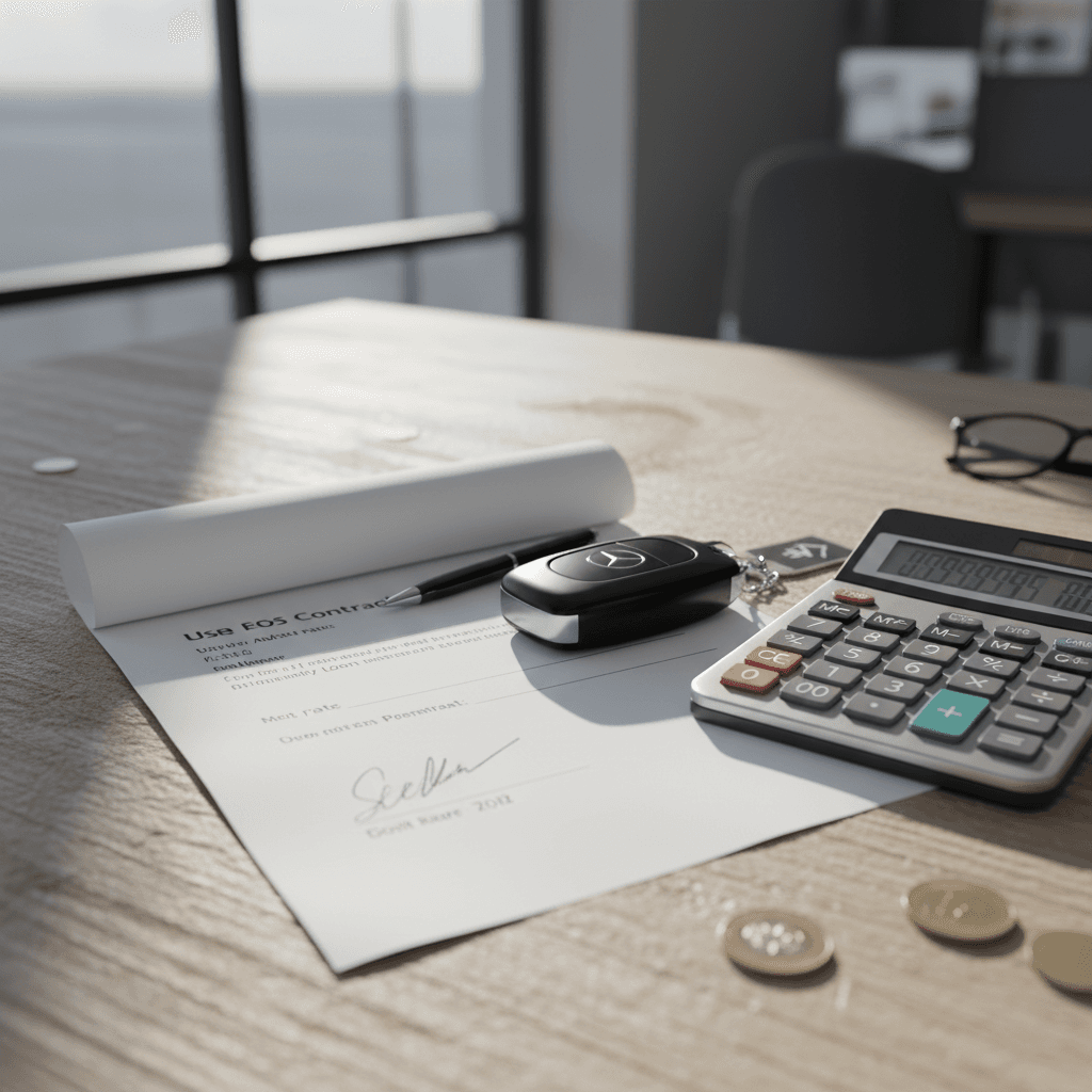 Auto loan contract with car key, calculator, and pen on a desk, illustrating used EV financing decisions for a Mercedes EQS