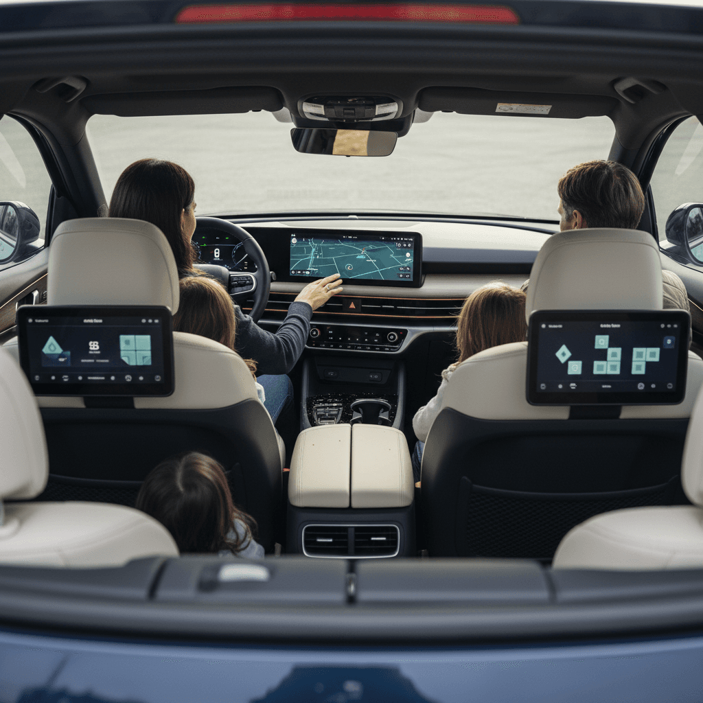 Kia EV9 three-row interior with passengers using the large center screen and ambient lighting