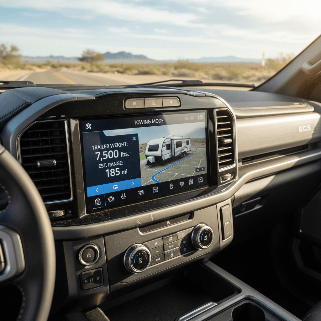 Rivian R1T towing a camper trailer while plugged into a DC fast charger, with remaining range displayed on the dash