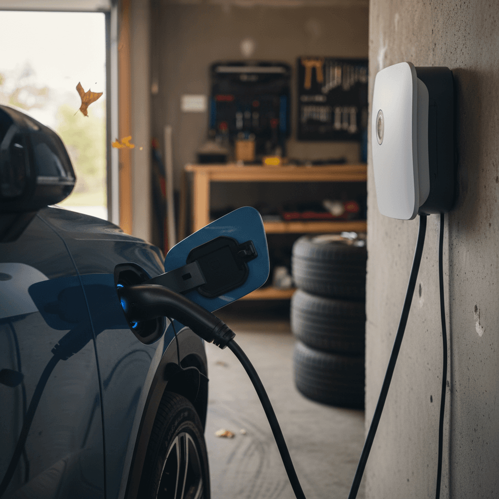 Volvo EX30 charging on a Level 2 wallbox in a suburban home garage, illustrating typical overnight charging