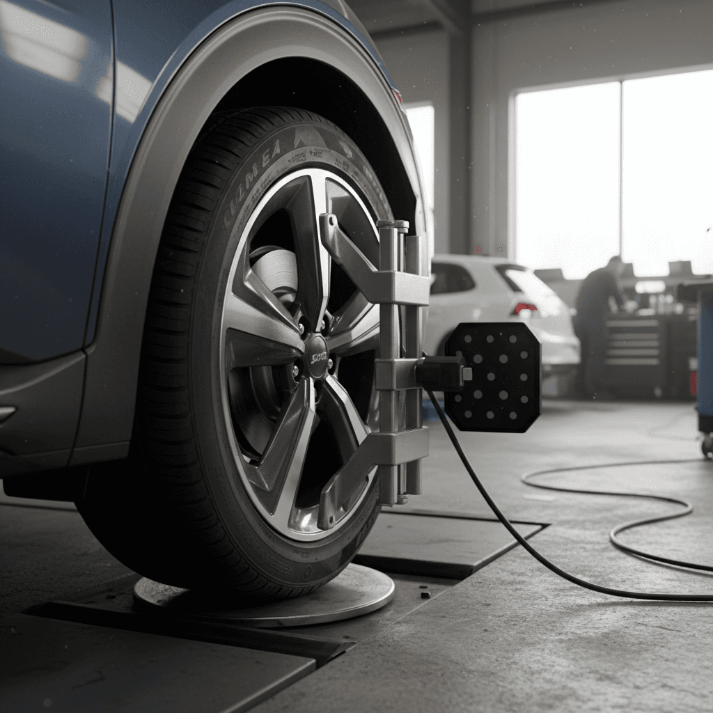 Kia EV6 wheel and tire on an alignment rack during service