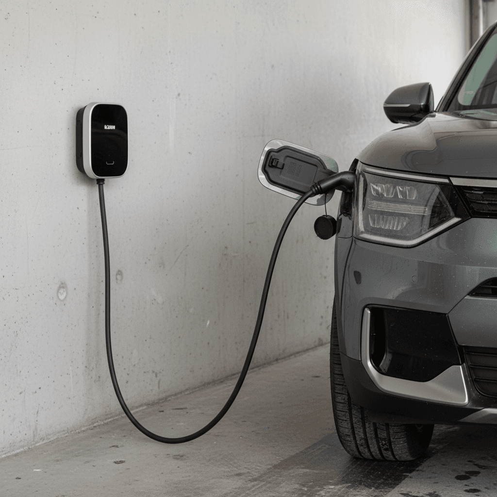 Level 2 home charger mounted on a garage wall with cable plugged into a large electric SUV similar to the Kia EV9