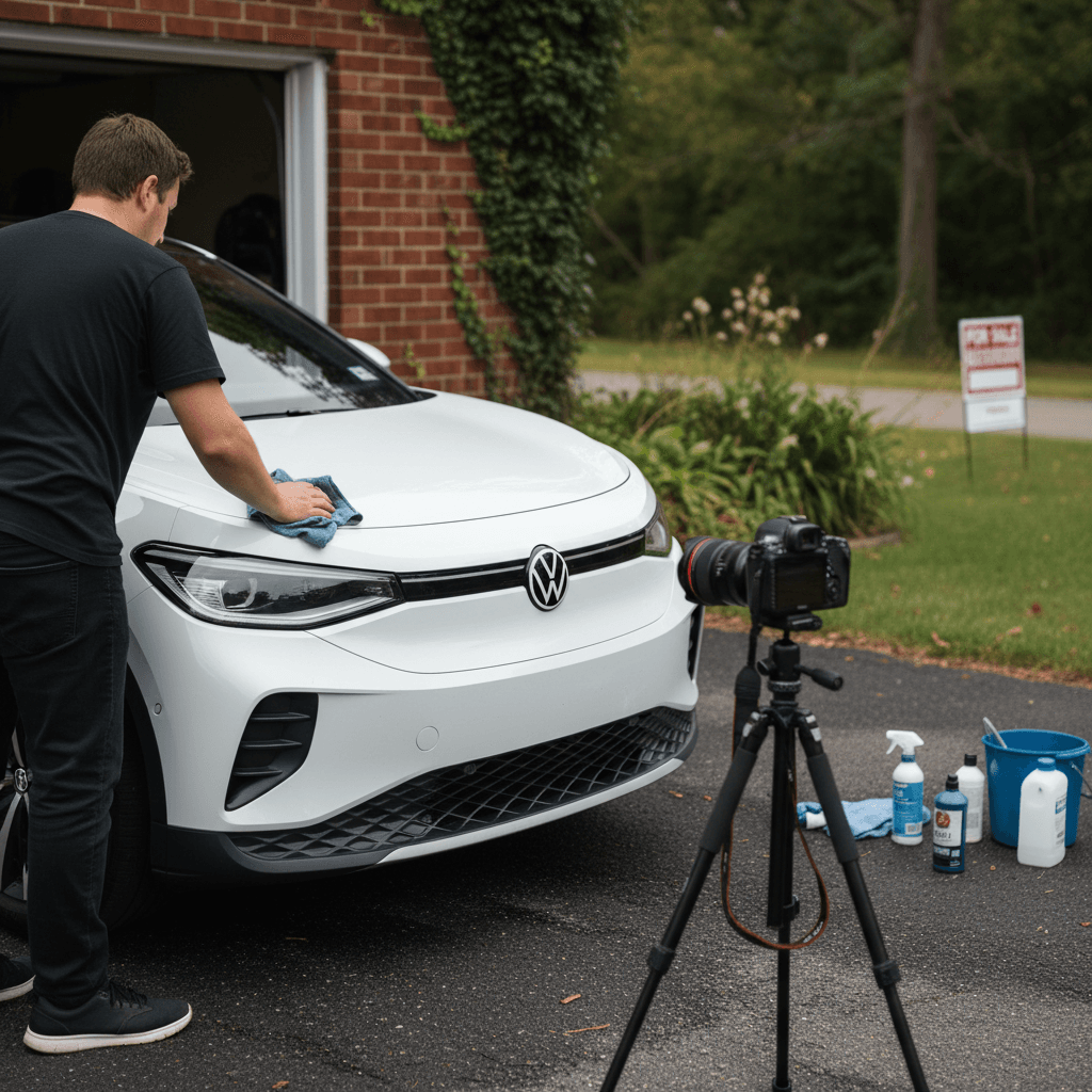 Owner detailing and photographing a Volkswagen ID.4 electric SUV to prepare it for sale