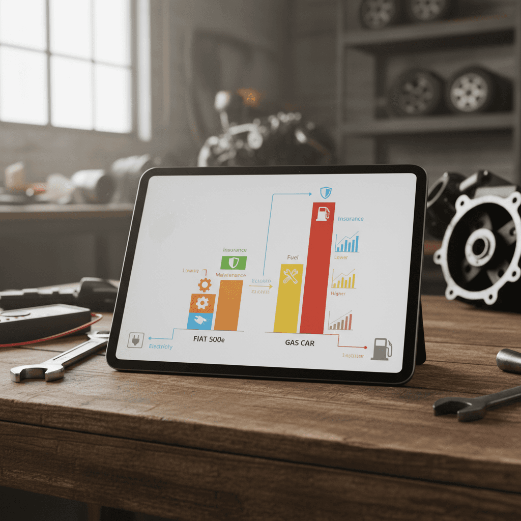 Illustrated breakdown of Fiat 500e cost per mile showing electricity, maintenance, and insurance compared with a similar gas car
