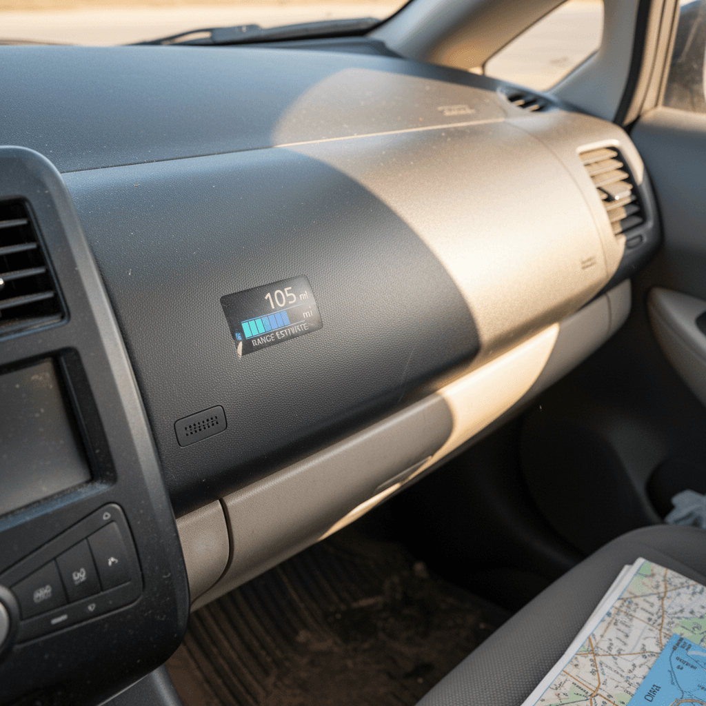 Instrument cluster of a used electric car showing estimated driving range and state-of-charge