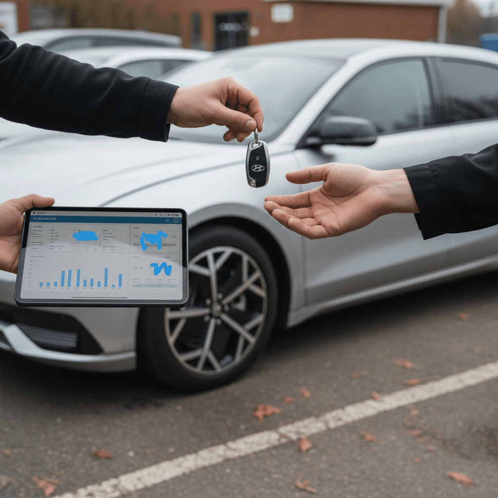 Seller and buyer reviewing a digital vehicle report next to a clean Hyundai Ioniq 6 before completing the sale