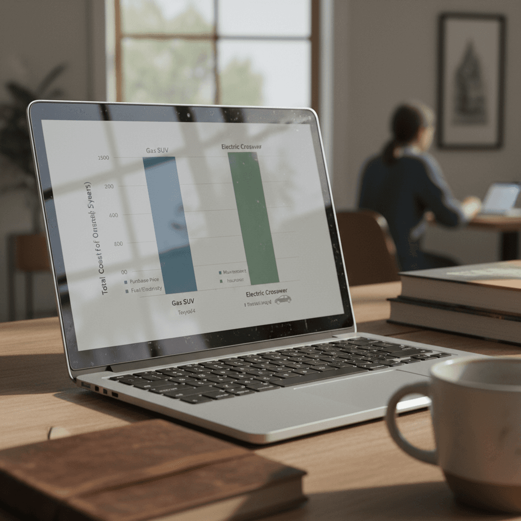 Laptop screen showing side-by-side cost comparison chart for Toyota RAV4 fuel costs vs Hyundai Ioniq 5 electricity costs