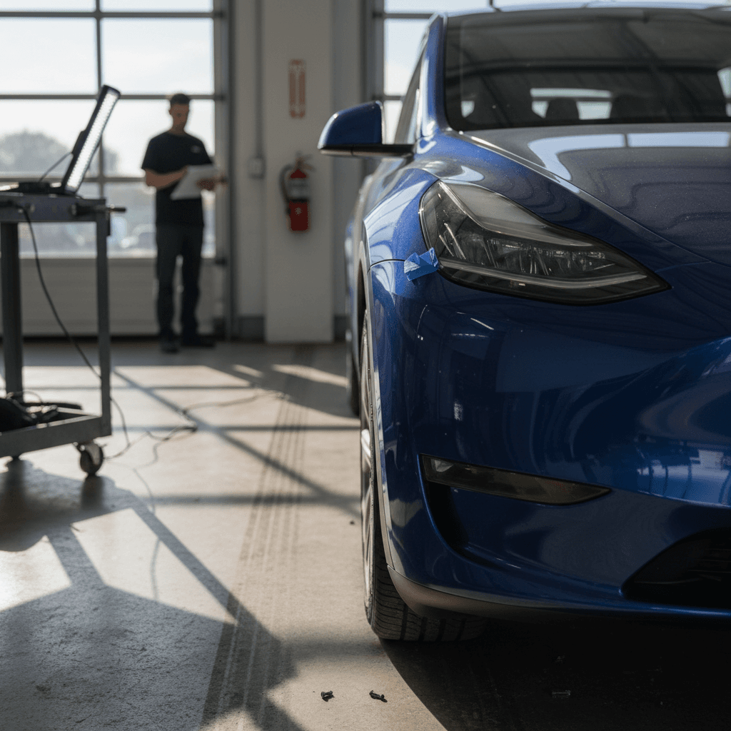 Technician inspecting paint and panel alignment on a Tesla Model Y in a service bay