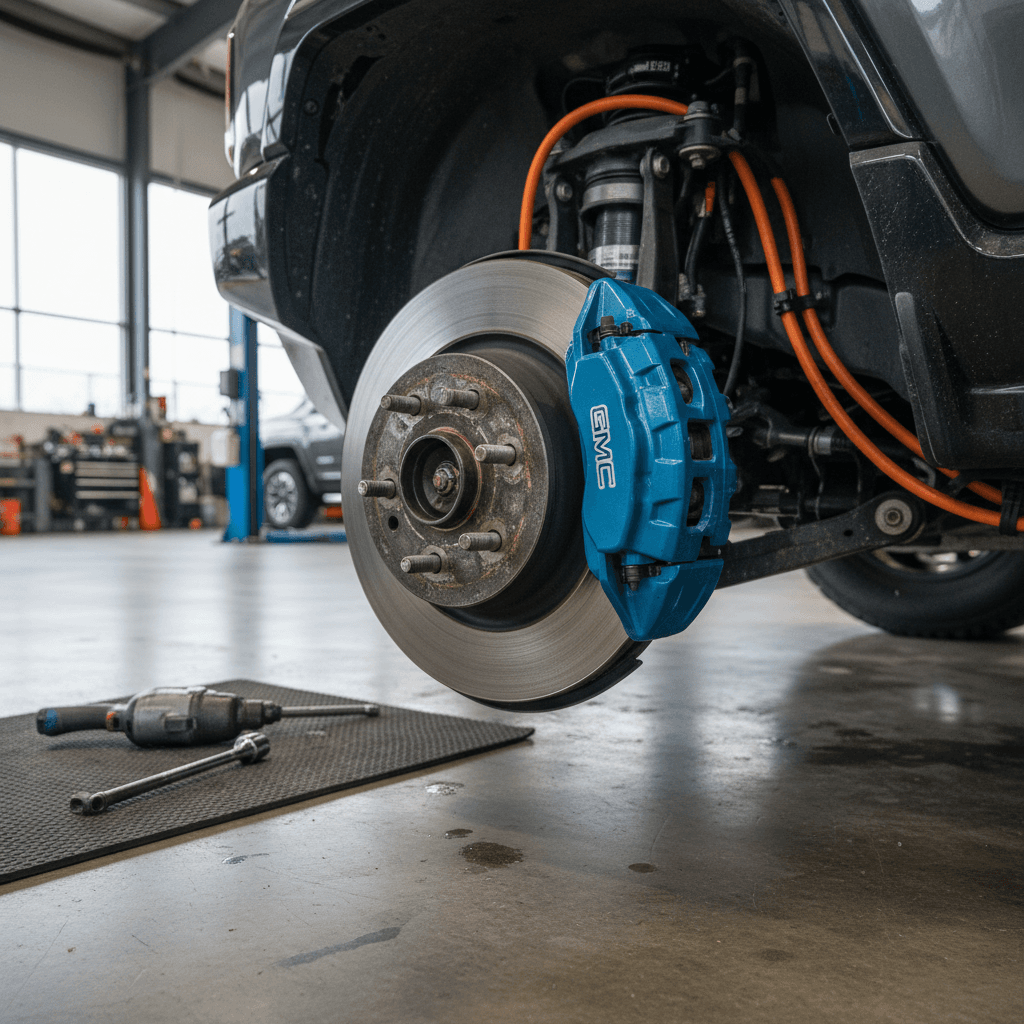 GMC Hummer EV wheel, tire, and brake assembly on a service lift being inspected by a technician