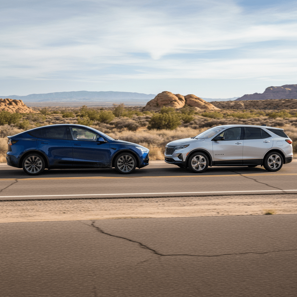 Tesla Model Y and Chevrolet Equinox EV driving side by side on an open highway, illustrating EV SUV road-trip capability