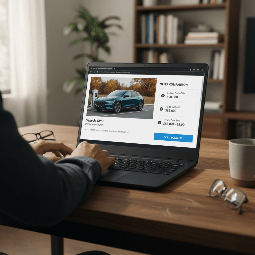 Laptop screen showing an online EV marketplace listing a used Genesis GV60 with pricing and battery health details