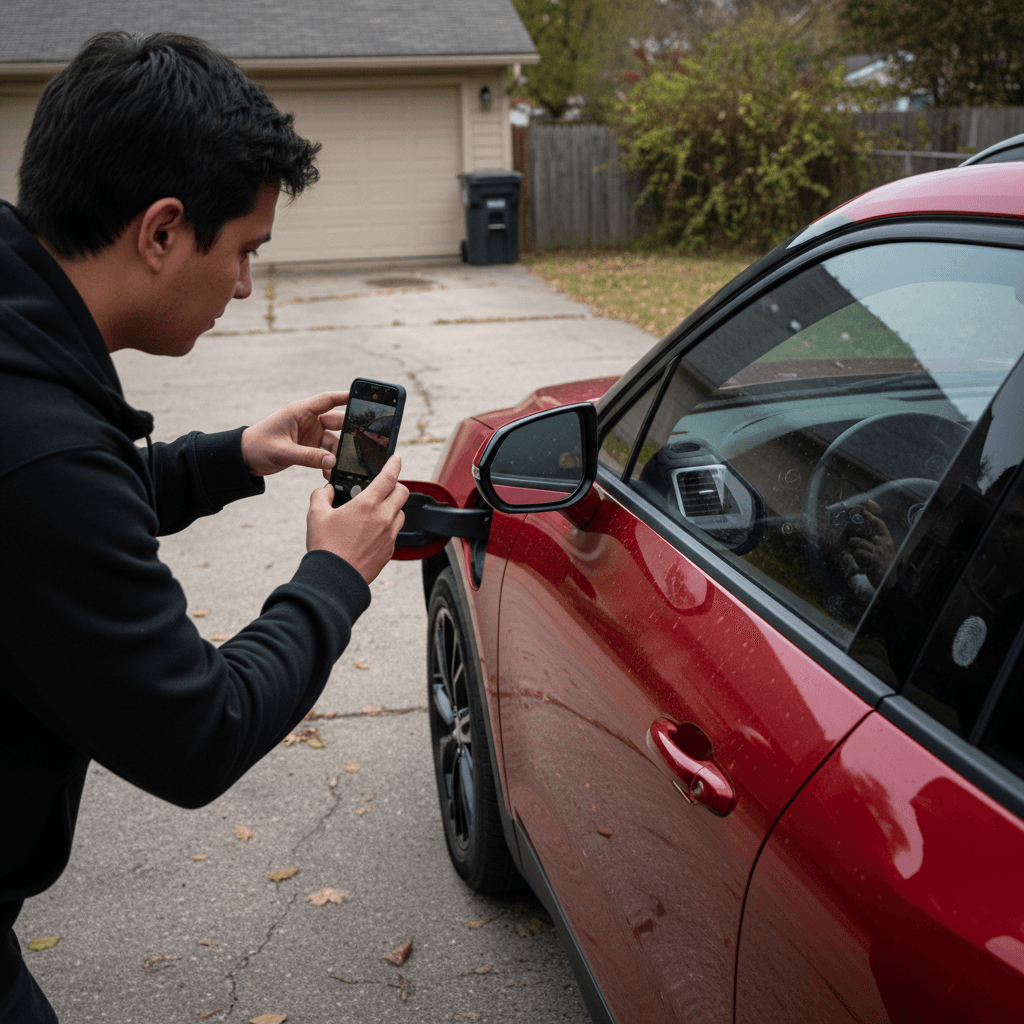 Owner photographing a red Chevrolet Blazer EV in the driveway, capturing exterior details before listing it for sale