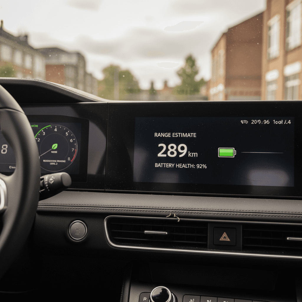 Kia EV9 interior screen showing battery charge level and estimated driving range