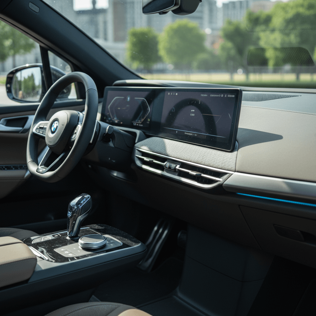 2024 BMW iX interior with curved display, minimalist dash, and light-colored seats