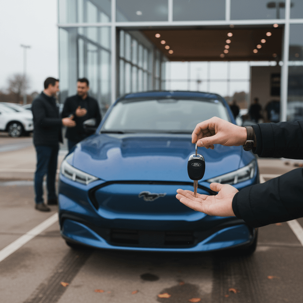 Used Ford Mustang Mach‑E being inspected with a tablet-based battery health diagnostic