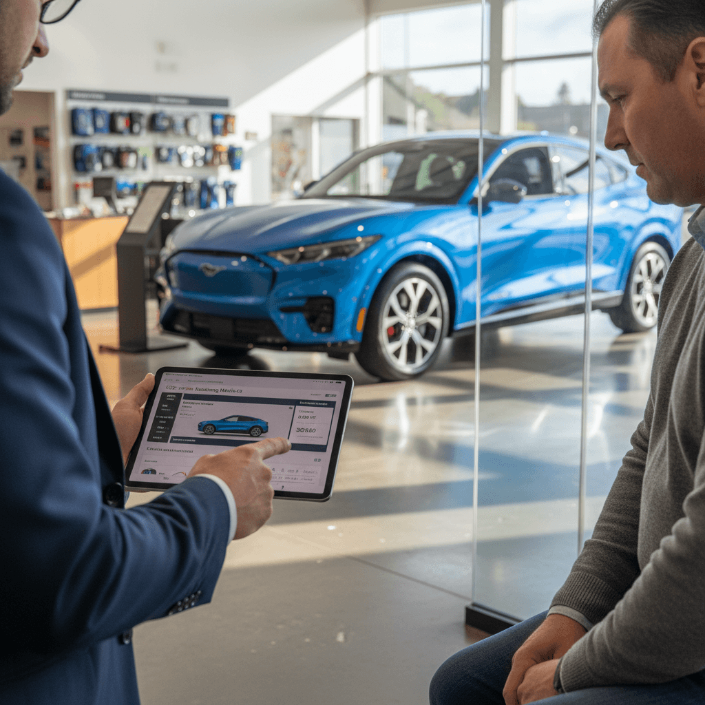 Owner and sales specialist reviewing a 2025 Ford Mustang Mach-E trade-in appraisal on a tablet in a bright showroom