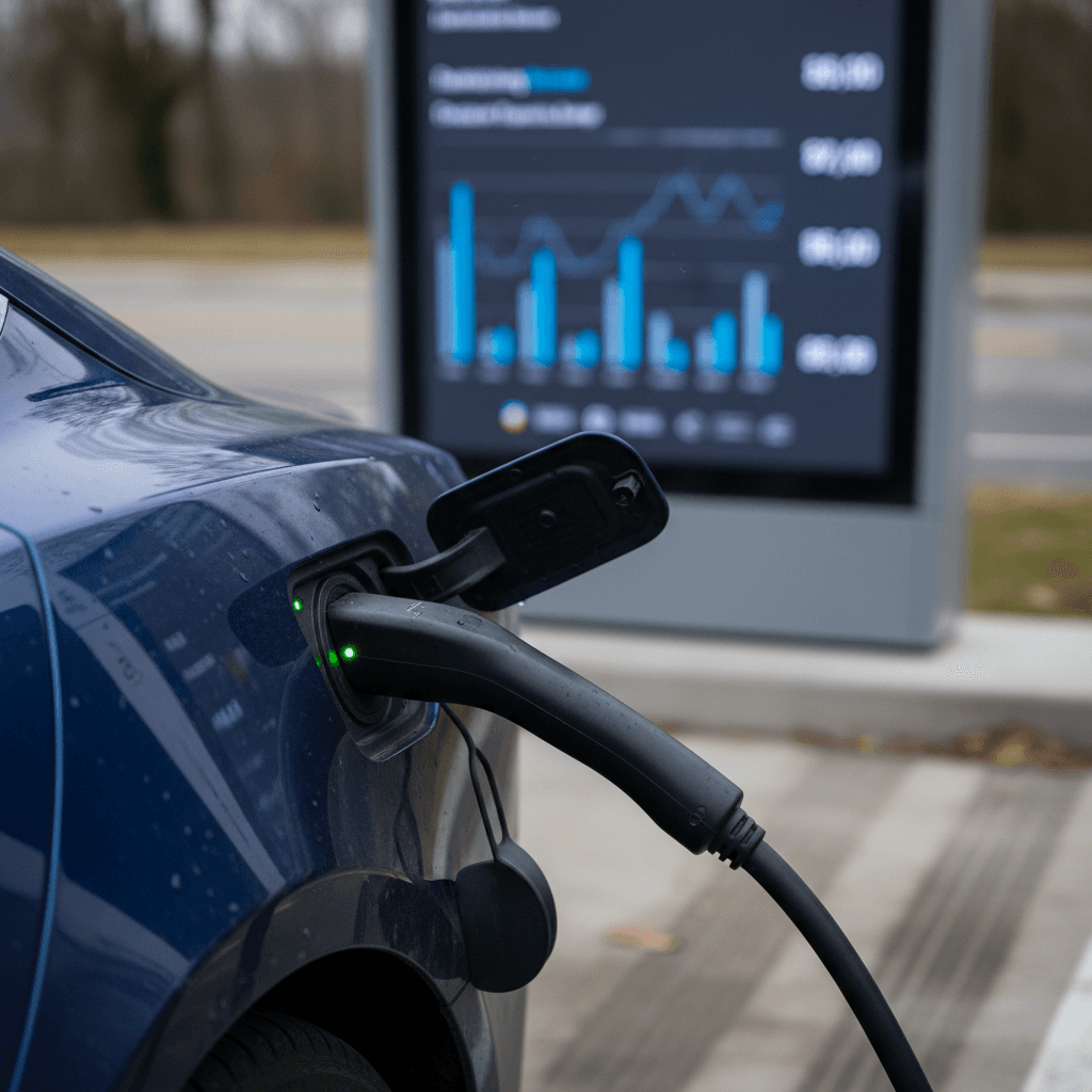 Close-up of a Tesla Supercharger handle plugged into an electric vehicle with station information visible in the background