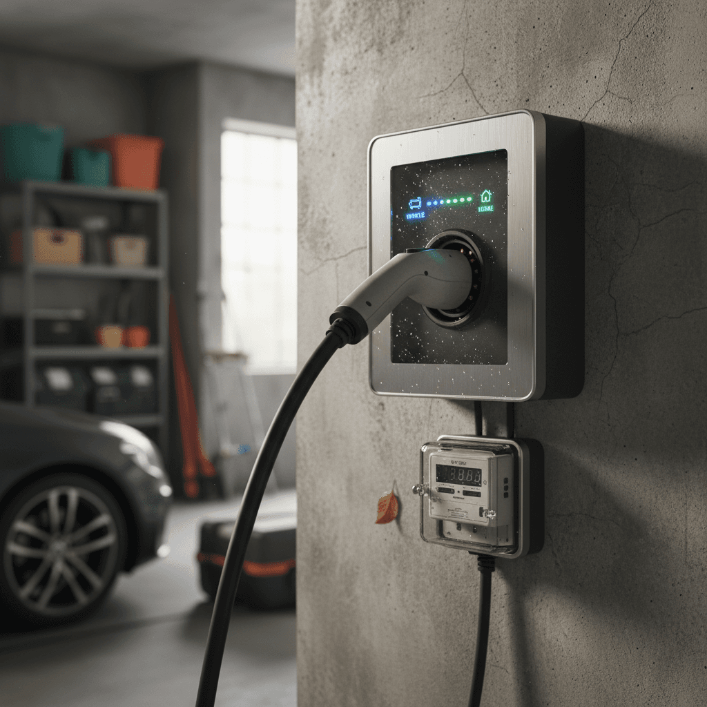Electric SUV plugged into bidirectional home energy gateway on a garage wall, supplying power back to a modern house
