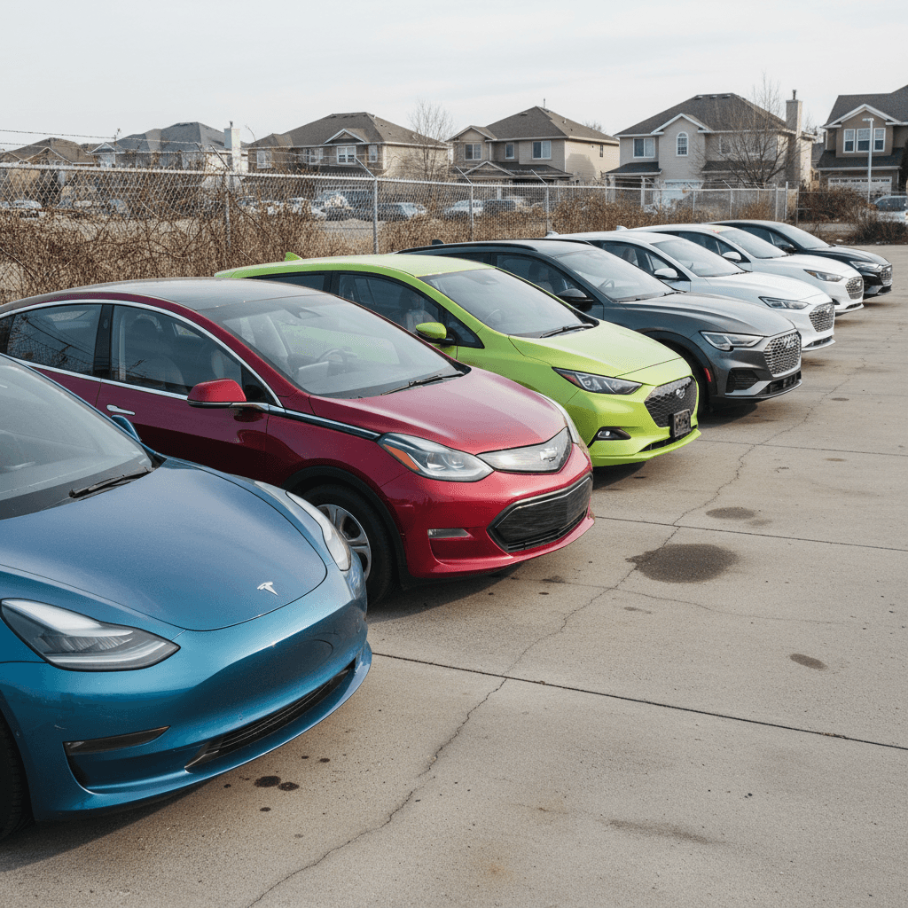 Row of used electric vehicles in a variety of popular neutral colors lined up on a dealer lot