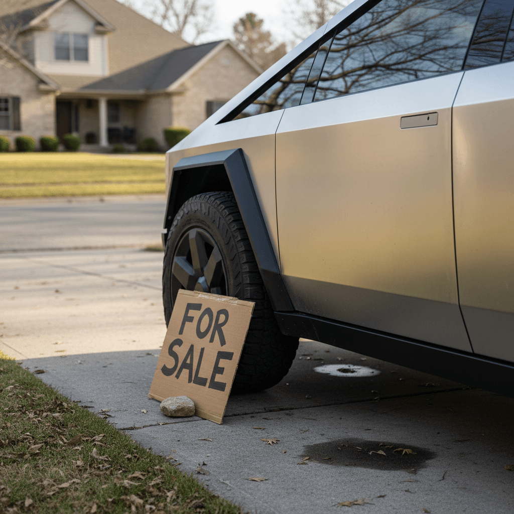 Close-up of a Tesla Cybertruck parked at a used EV dealership, showing pricing information in the window