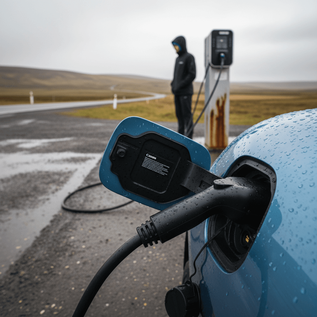 Technician providing roadside EV charging to an electric car from a mobile charging truck