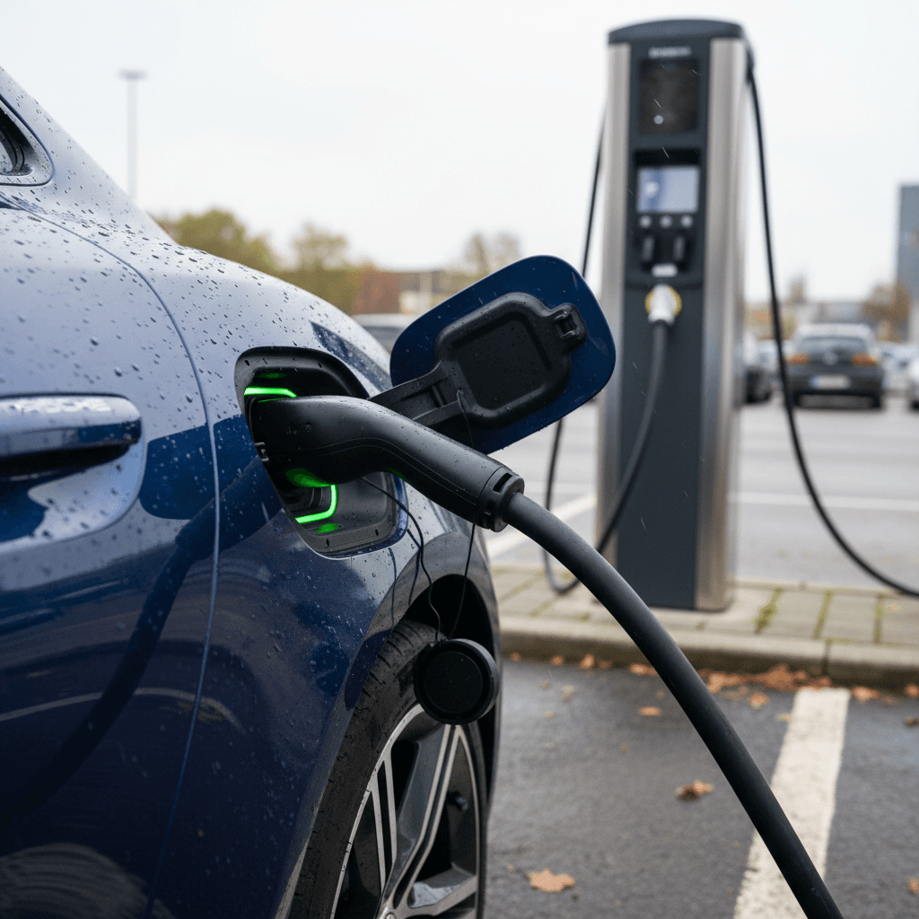 Porsche Taycan plugged into a DC fast charger, with charging connector visible at the front fender port