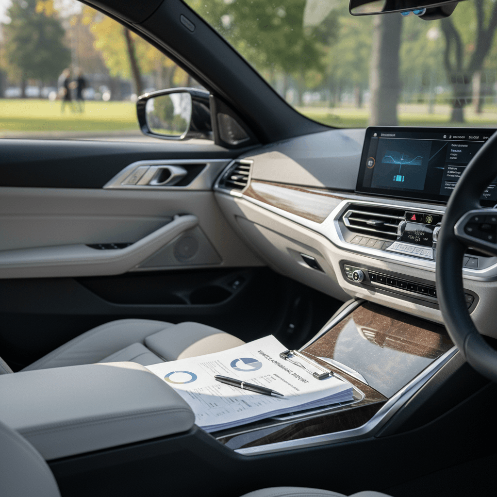 Detailed interior of a 2025 BMW i4 with paperwork and keys prepared for resale