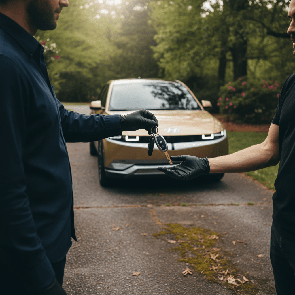 Hyundai IONIQ 5 owner meeting a buyer in a North Carolina driveway to complete the sale