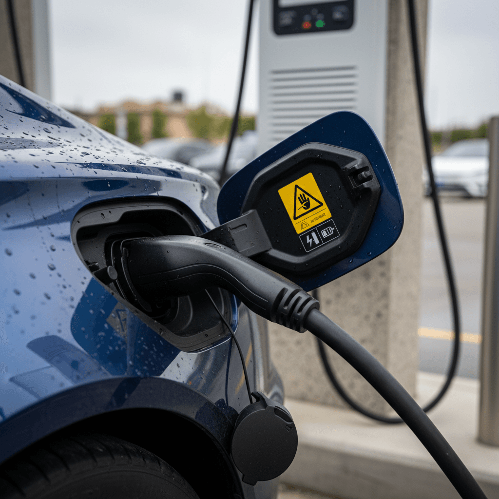 Audi e-tron GT plugged into a DC fast charger with close-up of its charging port and high voltage warning label