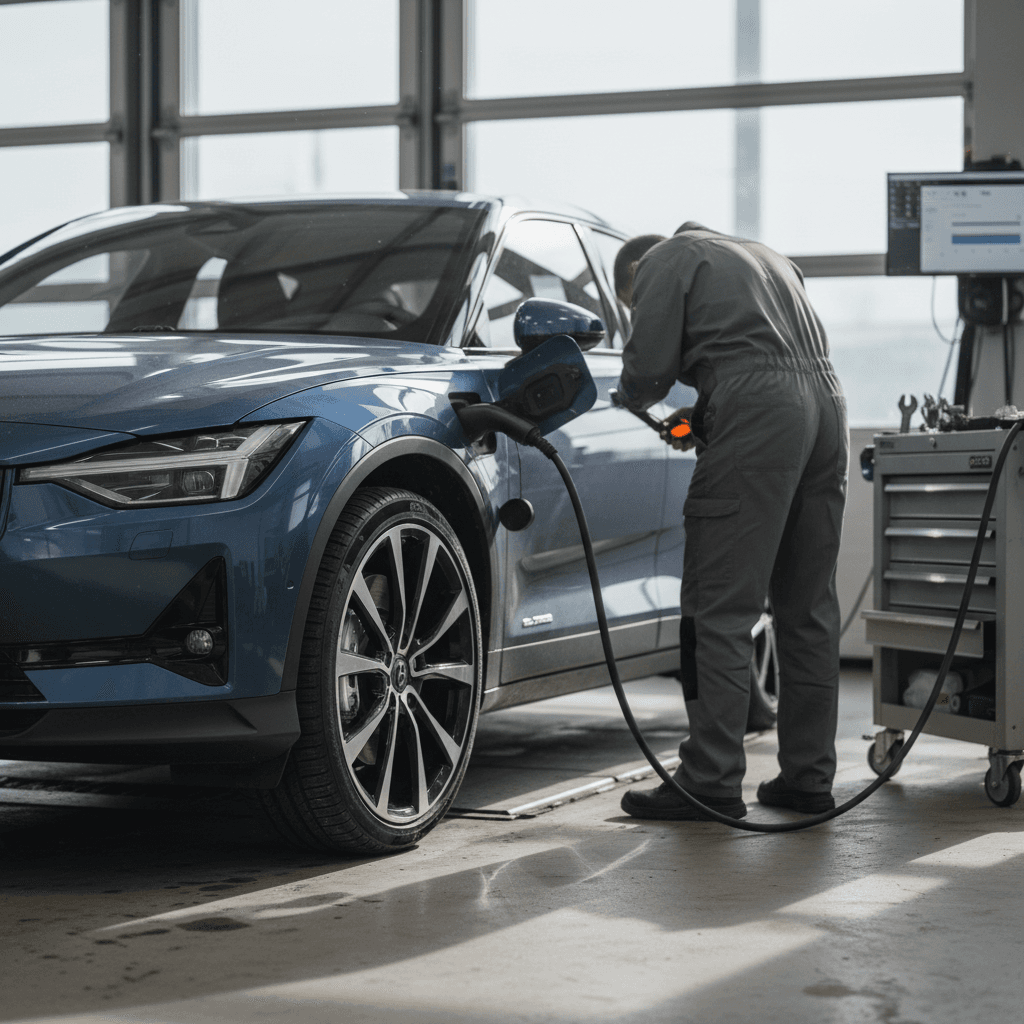 Technician standing beside a Polestar 2 in a service bay reviewing diagnostics on a tablet