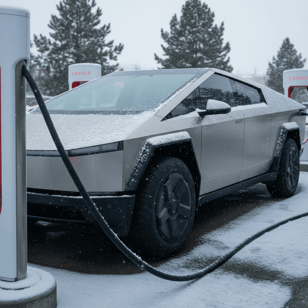 Tesla Cybertruck charging at a Supercharger station during a light snowfall in winter