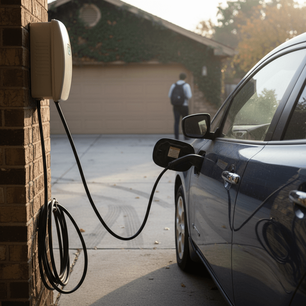 Used electric hatchback charging on a home Level 2 charger in a suburban driveway, suitable for a long commute