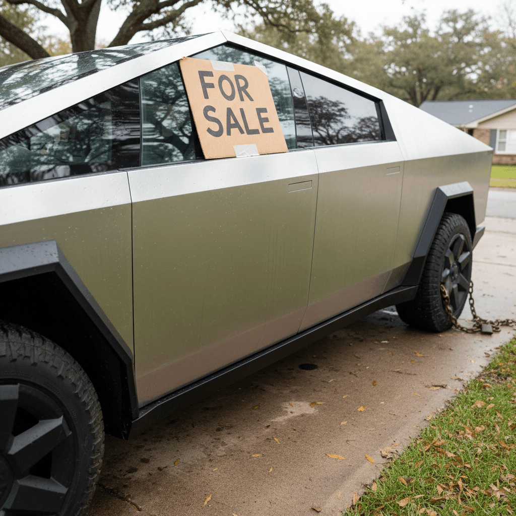 Tesla Cybertruck parked in a residential driveway with a handwritten For Sale sign visible through the windshield