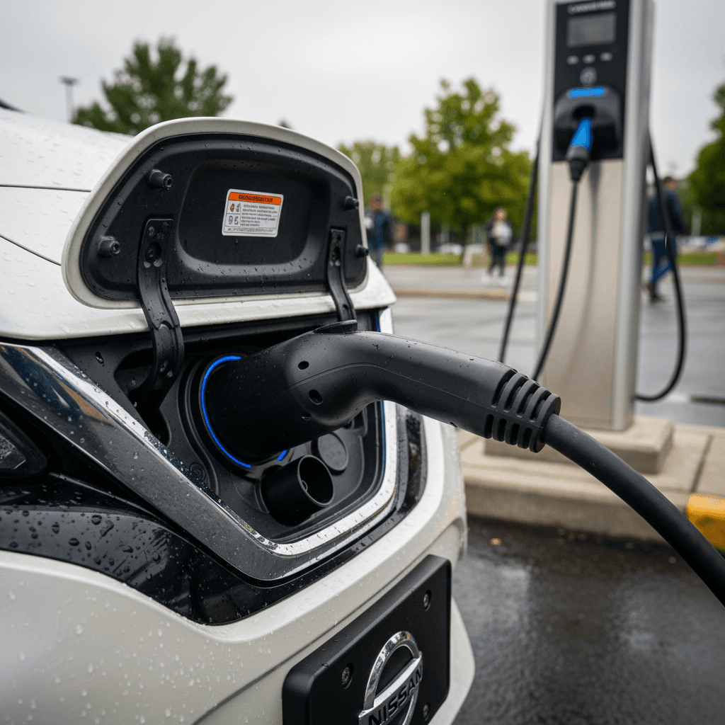 CHAdeMO fast charging connector plugged into a 2022 Nissan Leaf at a public DC fast charger