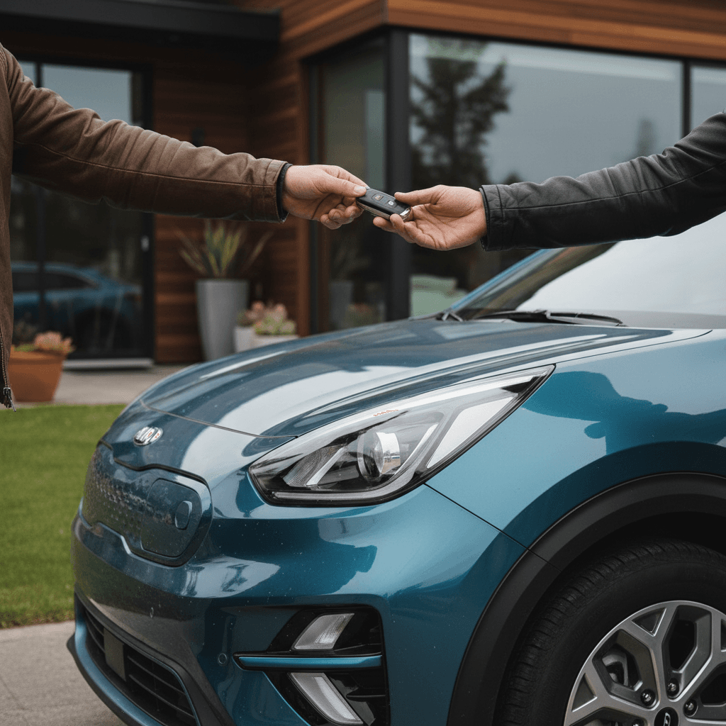 Seller reviewing battery health report for a 2025 Kia Niro EV with a prospective buyer