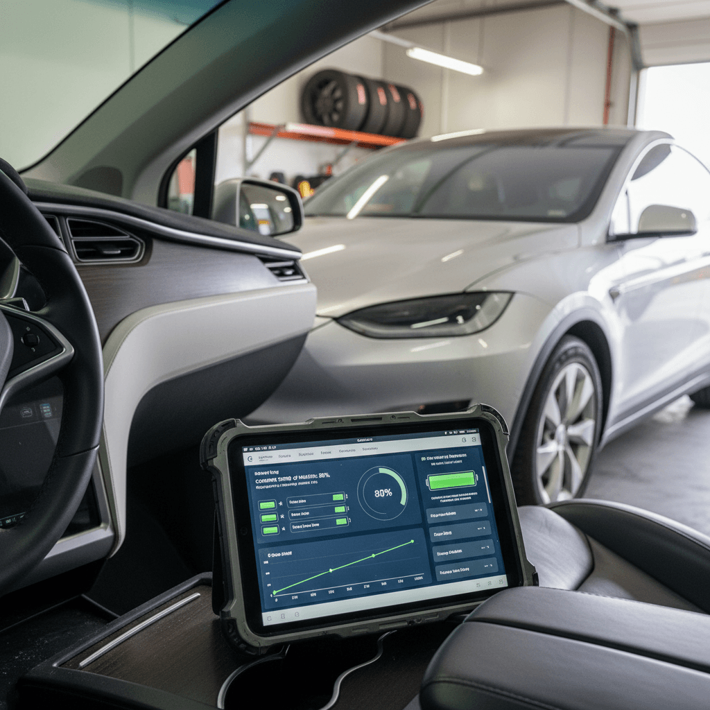 Digital battery health report displayed on a tablet next to a parked Tesla Model X in a driveway