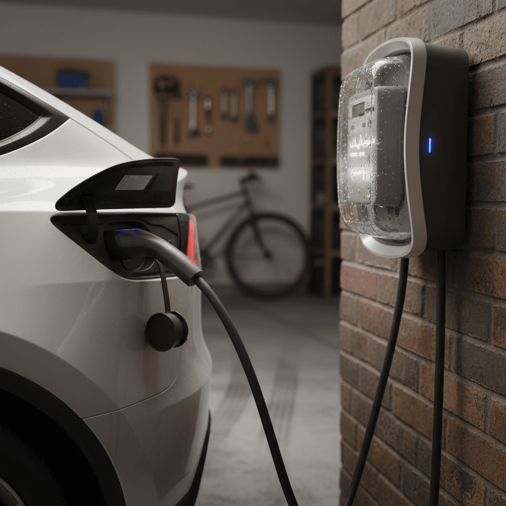 Tesla Model Y charging on a home wallbox, illustrating electricity cost per mile calculation