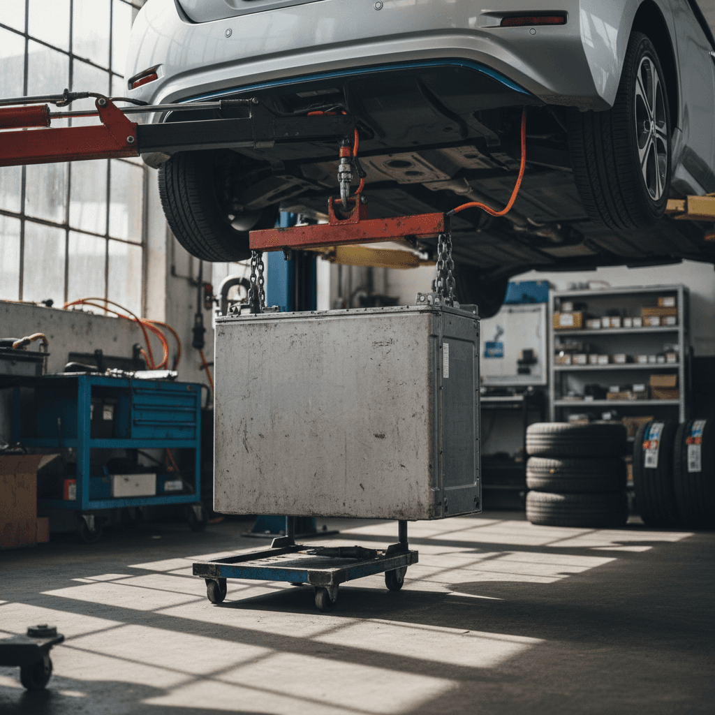 Mechanic in a professional workshop lowering a Nissan Leaf battery pack from the vehicle on a lift
