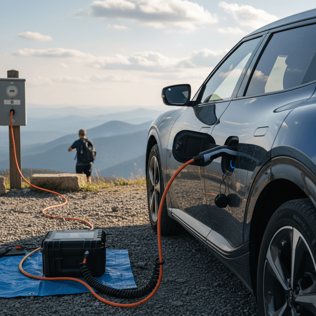 Electric vehicle parked at a Blue Ridge Parkway overlook using a portable Level 2 charger, mountains in the distance