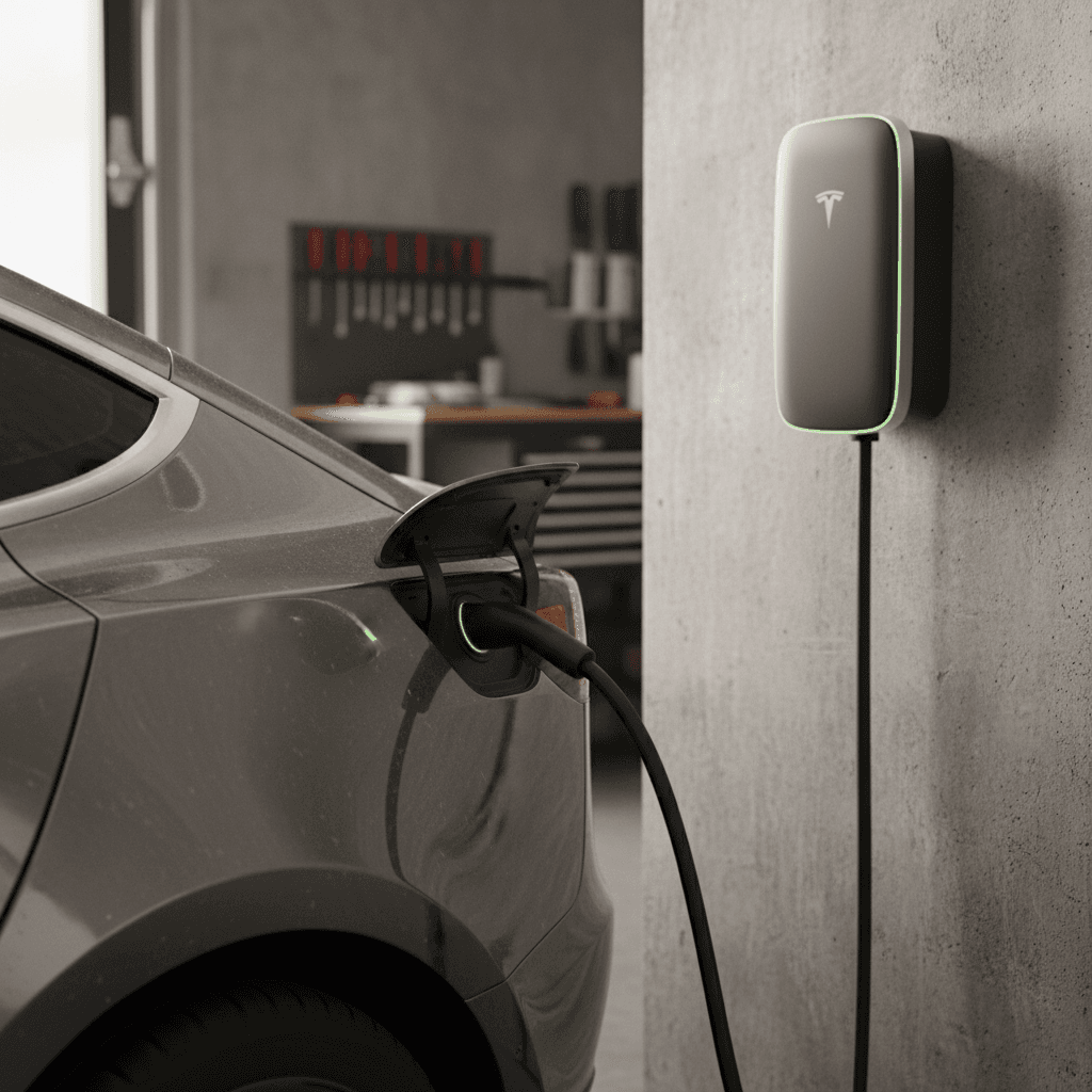 2026 Tesla Model 3 plugged into a home wall connector in a modern garage