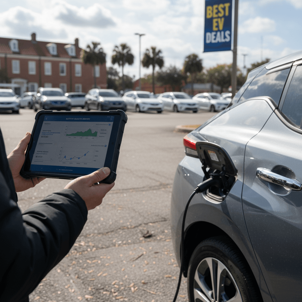 Customer reviewing a detailed battery health and pricing report next to a used electric car at a dealership lot